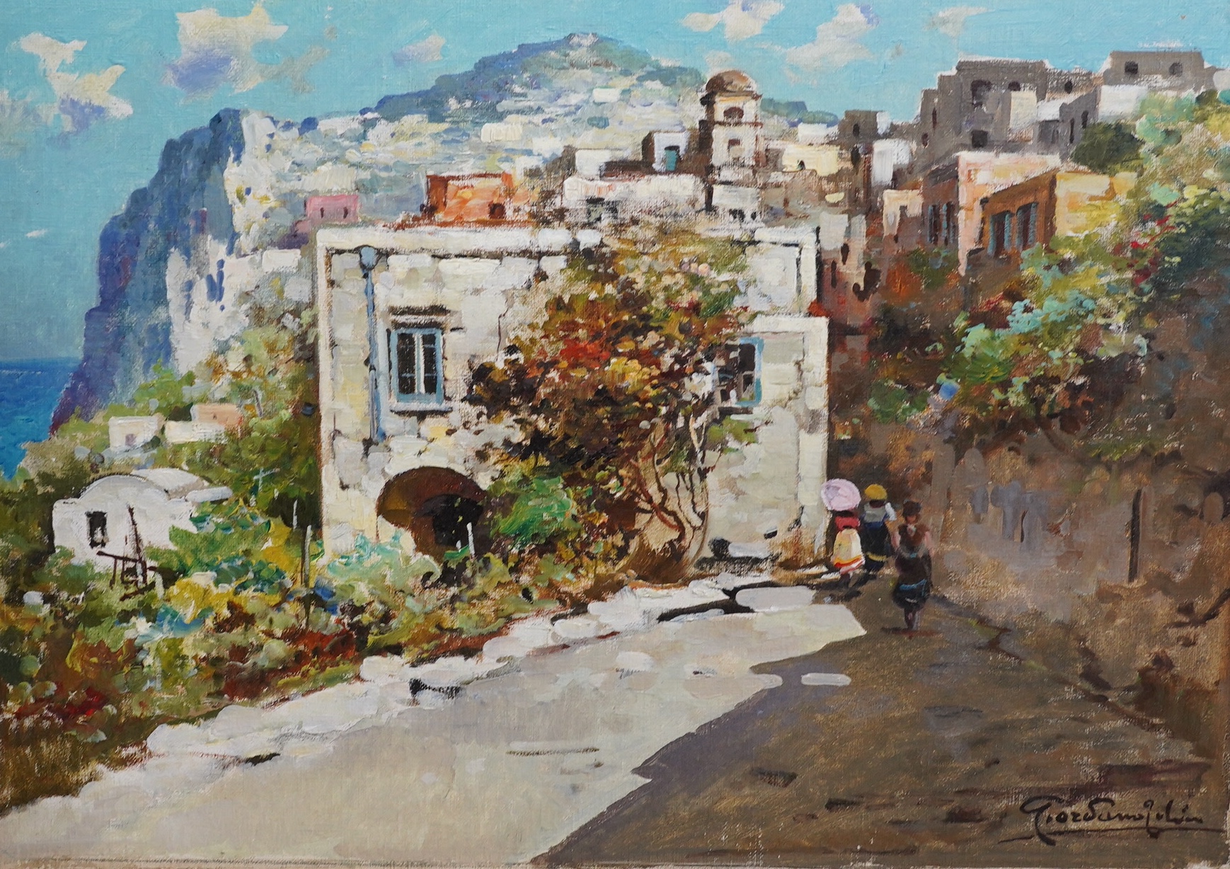 Continental School, oil on board, Italian hillside landscape with villas, together with two watercolours, including Edward Smith (Exh. 1904-1923) 'Awaiting his master's return', largest 36 x 51cm, two unframed. Condition